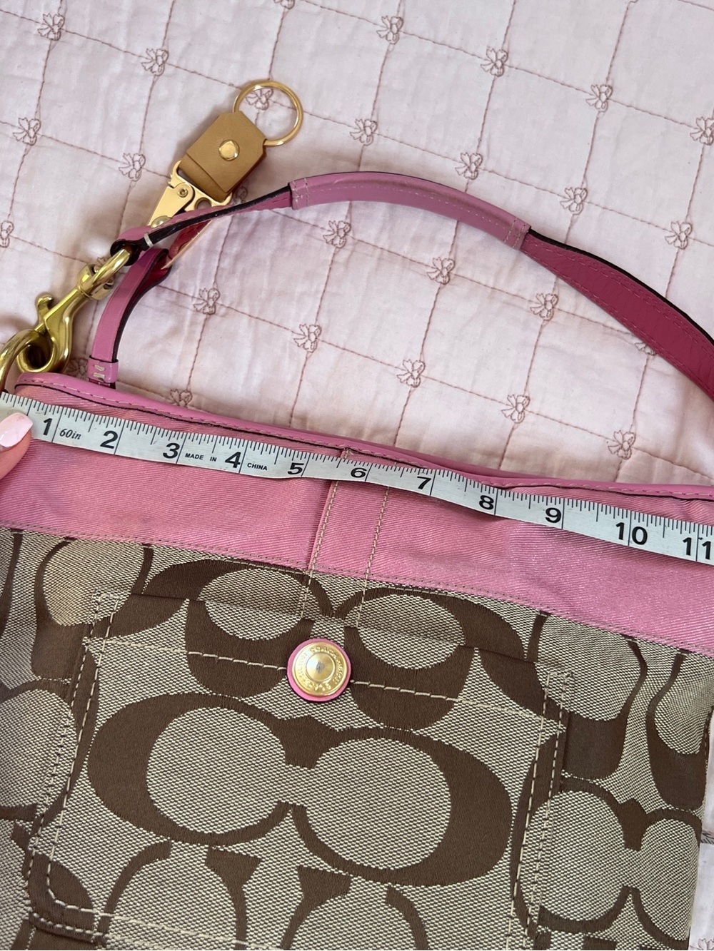 Coach Hobo Bag Medium Pink Khaki Signature Monogram Satin Leather 11957 - Picture 14 of 16